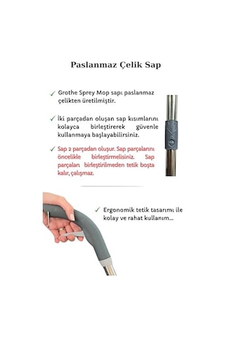 Grothe Wipe Sprey Mop Gri 2 Mop Bezli Tıpasız Sistem 700 Cc Su Hazneli Mikrofiber Parke Mermer Fayans İçin Üretici Garantili Açık Bej