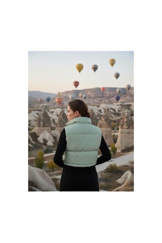 Feg Store Kadın Mint Yeşili Crop Dik Yaka Fermuarlı Belden Lastikli Ayarlanabilir Şişme Yelek Yeşil