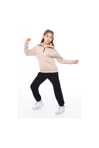 Toontoy Kids Toontoy Kız Çocuk 2'li Takım Baskılı Balıkçı Yaka Fermuarlı Sweatshirt & Beli Paçası Lastikli Cepli Jogger Eşofman Altı - Renk Bloklu 3 İplik Şardonlu Bej