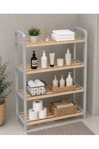 Ahşap Banyo Düzenleyici Lüks 70 Cm Banyo Rafı, Banyo Dolabı, Plastik Çerçeveli Çok Amaçlı Raf 4 Katlı Düzenleyici Gri