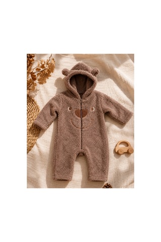Omeca Concept Ayıcık Detaylı Kapüşonlu Peluş Bebek Tulum Kahverengi