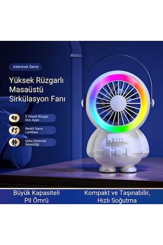Polham 3 Kademeli Gece Lambalı 1500mah Şarjlı Taşınabilir Serinletici Vantilatör Fan, Ultra Sessiz