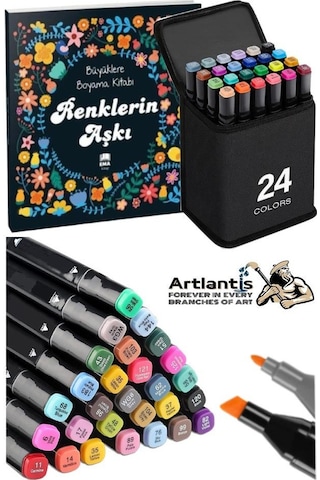 24 Adet Çift Taraflı Marker Kalem Çantalı 1 Paket 24 Renk Touch Markör Renklerin Aşkı Mandala Büyüklere Boyama Kitabı Çok Renkli
