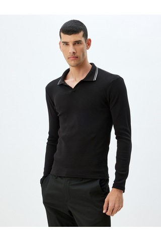 Koton Slim Fit Tişört Uzun Kollu V Yaka Polo Pamuklu Siyah 5wam10197hk Siyah