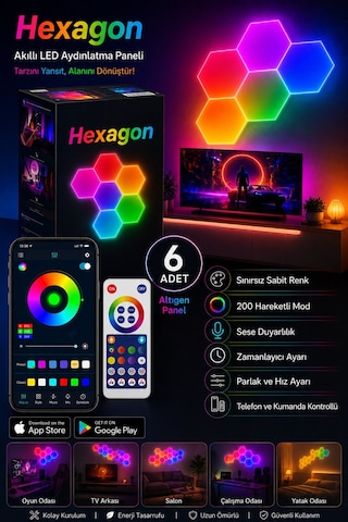 Hexagonel Oda Işığı Birleştirilebilir Rgb-ıc Telefon Ve Kumanda Kontrollü 6 Lı Yok