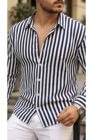 Valensdesign Erkek Dikey Çizgili Yarım Oversize Gömlek Lacivert