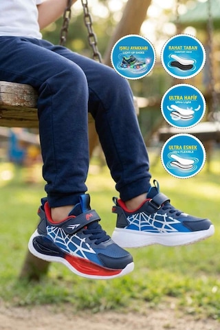 Marcokids Lacivert Kırmızı Cırtlı Işıklı Hafif Esnek Erkek Çocuk Spor Ayakkabı 26y303 P Lacivert - Kırmızı