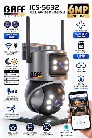 Baff Ics-5632 6mp Çift Lens Wifi Akıllı Güvenlik Kamerası Ptz Aı İnsan Algılama Hareket Takip Gece Görüşlü