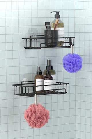 Teknotel ST242H Yapışkanlı Kancalı Banyo Rafı Mat Siyah 2 Adet Siyah