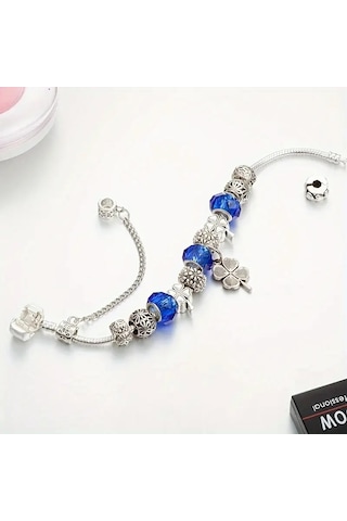 Şans Yonca Bileklik Mavi Charmlı Crystal Gümüş