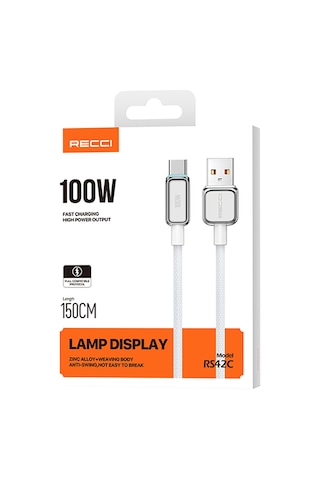 Recci Rs42c Lamp Display Serisi Type-c Usb 100w Hızlı Şarj Özellikli Data Ve Şarj Kablosu 1.5m Gümüş