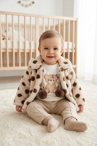 Ahengim Minik Ayıcık Baskılı Puanlı Yumuşak Dokulu Peluş Montlu 3 Lü Kız Bebek Set Takım Ak8534 Bej