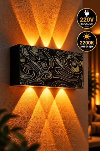 Siyah Gold Barok Desenli 12w 2200k Amber Işıklı 3 Gözlü Yukarı Aşağı Dekoratif Duvar Apliği 16 Cm Amber Işık