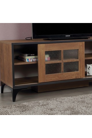Revival Metal Ayaklı Tv Ünitesi 125Cm Meşe / Cam Sürgülü Kapaklı