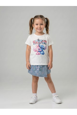 İncilay Kids Kız Çocuk Stitch Baskılı Şortlu Takım Beyaz