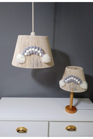 Ekru Makrome Avize Abajur Set Çocuk Odası Avize Bebek Odası Avize Ponpon Gökkuşağı Ekru