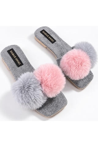 Dabab Shoes Pomella Kadın Gri Çift Ponponlu Peluş Bantlı Kaymaz Tabanlı Önü Açık Ev Terliği