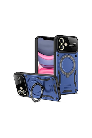 Apple Uyumlu iPhone 11 Kılıf Tam Koruma Sağlayan Manyetik Standlı Tank Silikon Kapak Ryc/joy Lens Lacivert