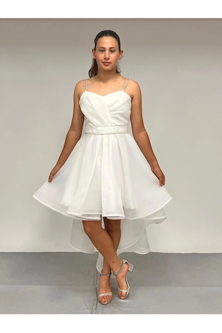 Butikhappykids Kız Çocuk Abiye Beyaz Taş Kordon Askılı Kalp Yaka Kuyruklu Şifon Abiye Elbise 10-15 Yaş Beyaz