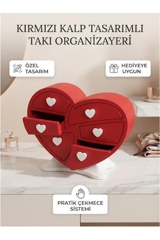 Kırmızı Kalp Tasarımlı Takı Organizajeri Ve Dekoratif Çekmeceli Kutu Açık Kırmızı