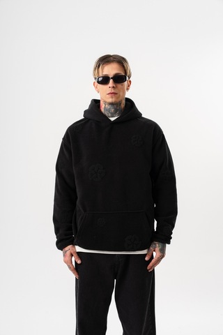 Respire Erkek Süzene Nakış Detaylı Kapüşonlu Oversize Polar Hoodie Siyah