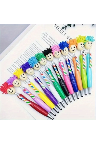 Bebek Kafası Peluş Çizgi Film Saç Paspası Kafası Gülen İfade Portre Tüylü Kafa Dokunmatik Ekran Silme Tükenmez Kalem 10个