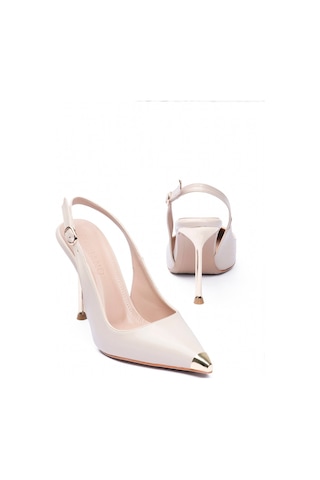 Mubiano Kadın Stiletto Sivri Burun Metal Burun Detaylı Arkası Açık Topuklu Ayakkabı Violeta Bej Bej
