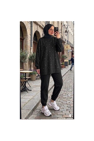Butik Kadın Taş İşlemeli Gunlük Tesettür Sweatshirt Tunik Siyah Tesettür Sweatshirt Siyah Tesettür Sweatshirt