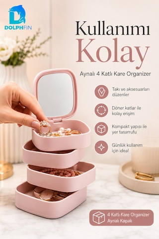 Aynalı 4 Katlı Kare Makyaj Ve Kozmetik Organizer Banyo Dolap Düzenleyici Pembe