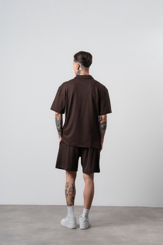 Erkek Respire Relined Yazılı Regular Fit T-shirt Şort Takım Kahve Kahverengi