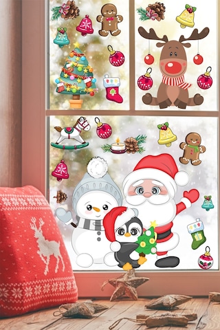Sevimli Kardan Adam Noel Baba Ve Geyik Temalı Yılbaşı Pencere Sticker