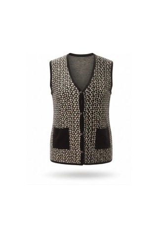 Onno Style Women Çelik Örgü Klasik Leopar Desen Triko Yelek Kahverengi