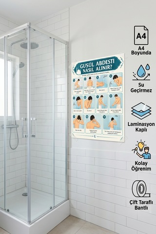 Her Eve Lazım Su Geçirmez Lamine Gusül Abdesti Kılavuzu Banyo Fayansına Yapışan Pratik Öğrenme Tablosu A4 Boyut