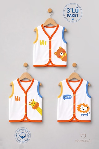 Babyden's 3'lü Bebek Yeleği %100 Pamuk Çıtçıtlı Mevsimlik Yenidoğan Bebek Yelek Seti Safari Baskılı Unisex 0-9 Ay Çok Renkli