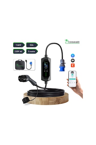 Coswatt Taşınabilir Ev Şarj Cihazı Cs-p1-32a / 7.4kw / 5m / Türkçe / 220v Ac / Tip-2 / 3x32a Cee / Ev Tipi Dönüştürücü / Çanta 7.4 kW
