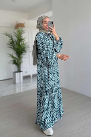 Geometrik Desenli Kuşaklı Elbise - Mavi Mavi