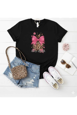 Leopar Elma Baskılı Kurdele Detaylı Oversize T-shirt Siyah