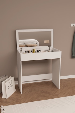 Df02114 Kapaklı Aynalı Bölmeli Makyaj Masası Beyaz