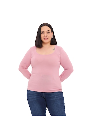 Disentis Büyük Beden U Yaka Uzun Kollu Viskon Pembe Body Pembe