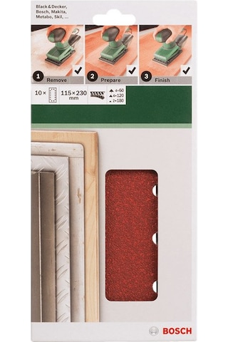 Bosch Titreşimli Zımpara Kağıdı 10'lu Set 115 x 230 mm 60/120/180 Kum 14 Delik - 2609256B25
