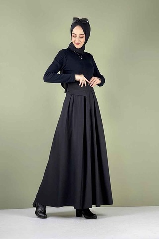 İbrahim Burak Etiler Collection Moda Çizgi Etek Siyah