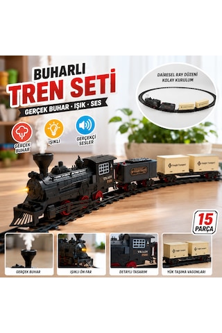 15 Parça Buharlı Tren Seti Işıklı, Sesli Ve Duman Efektli Lokomotif Oyuncak