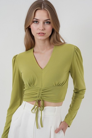 Hiccup Bdart Drapeli V Yaka Dikişli Crop Top Yeşil