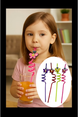 Renkli Kelebek Desenli Çocuk İçecek Pipeti 4 Lü Paket
