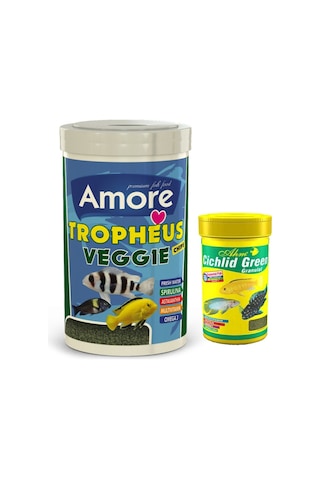 Tropheus Veggie 1 L + Ahm Cichlid Green Kutu Balık Yemi 250 ML