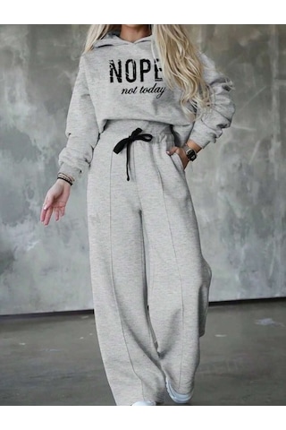 Kadın Uzun Kollu Nope Baskılı Beli Ribanalı Ikili Takım Gri