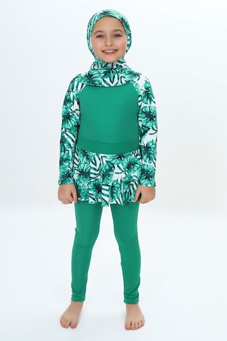 My Kids Wear Üç Parça Kız Çocuk Haşema, Tesettür, Etekli, Kapalı Mayo Kırmızı - Beyaz