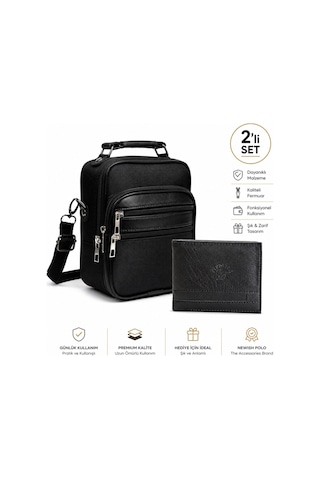 Newish Polo Erkek El Çapraz Omuz Çantası Ve Cüzdan Kartlık - New053 Siyah - Gri