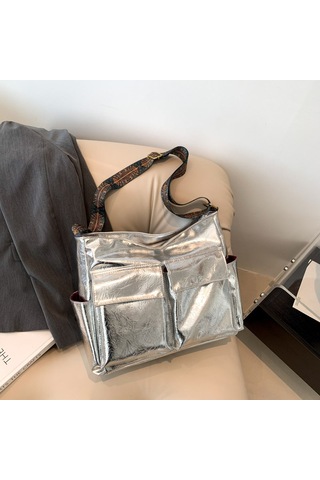 Banliyöyük Kapasiteli Tote Çanta Vintage Omuz Çantası Güş GÜMÜŞ Gümüş