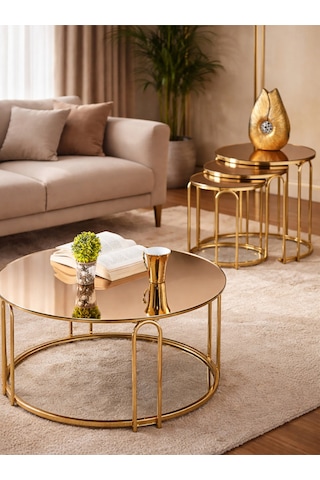 4 Lü Bronz Ayna Gold Metal Ayaklı Ayna Lenka Model Sehpa Takımı Zigon Ve Orta Altın